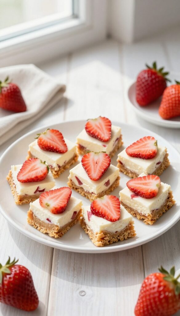 Keto strawberry cheesecake bites on a white plate with fresh strawberry slices, golden crust, and creamy filling.