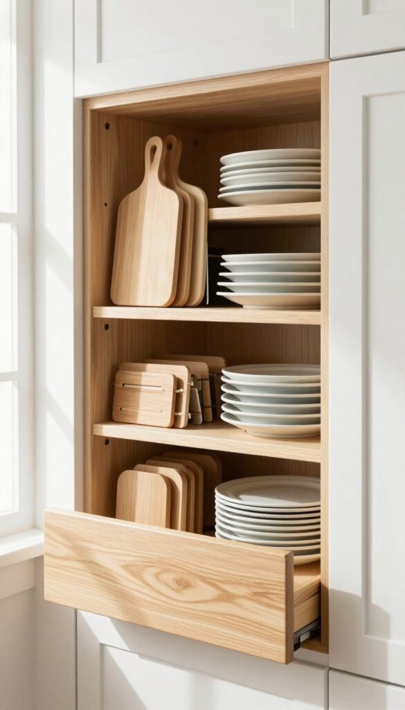 A pantry drawer with a vertical file organizer holding cutting boards and baking sheets upright, neatly arranged by size.