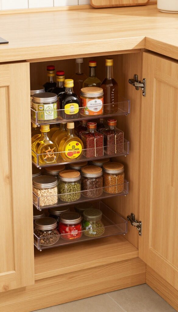 Open corner cabinet with a Lazy Susan organizing oil bottles and spice jars in a bright Indian kitchen