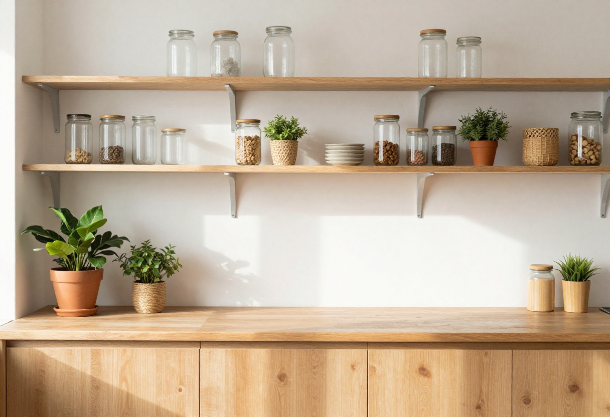 A calm, aesthetic kitchen with open shelving, glass jars, woven baskets, and a small plant on the counter.