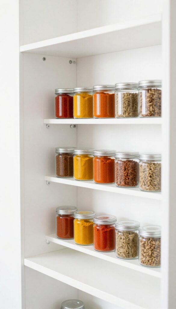 Magnetic spice racks on a pantry wall with metal tins filled with colorful spices, organized in a row