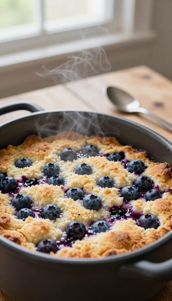 Slow cooker blueberry cobbler with golden topping and blueberries, served in a slow cooker on a wooden table.