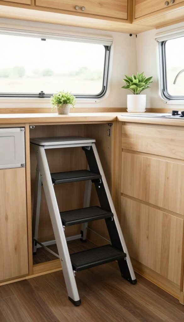 Foldable step stool with hidden storage in a camper kitchen