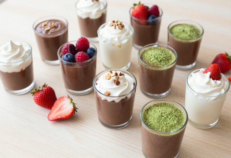 Assorted keto pudding cups in glass jars on a wooden table