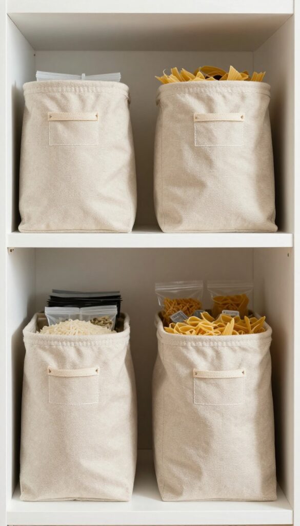 Pantry shelf with matching oatmeal fabric bins labeled for pasta, rice, and tea, creating a clean and organized look.