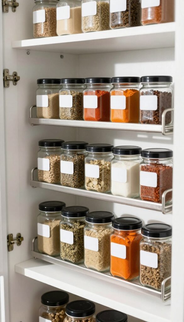 A wall-mounted spice rack inside a bright, organized pantry with uniform glass jars on a stainless steel rail, reclaiming shelf space.