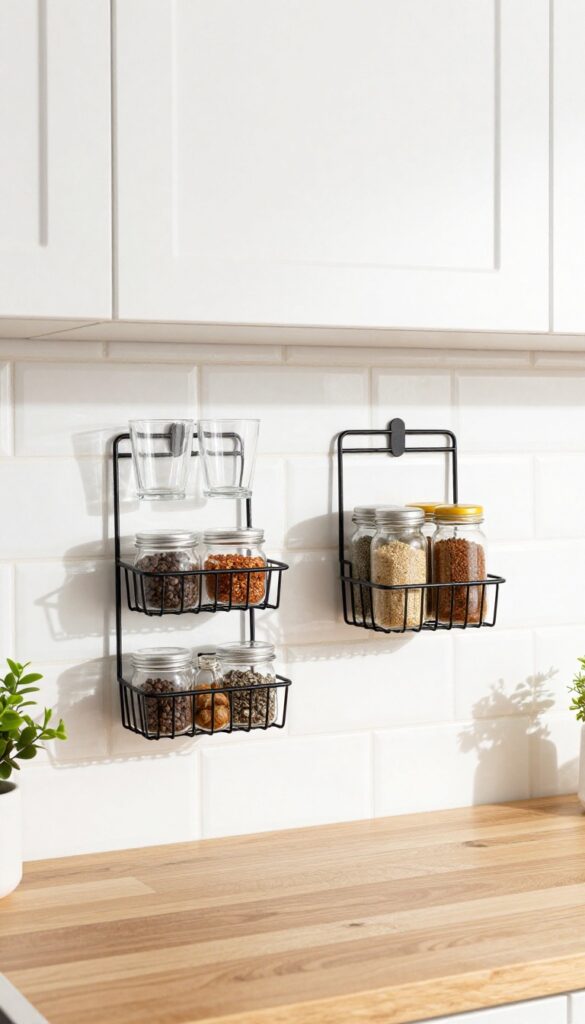 Under-shelf wire baskets holding glasses and spice jars under kitchen cabinets