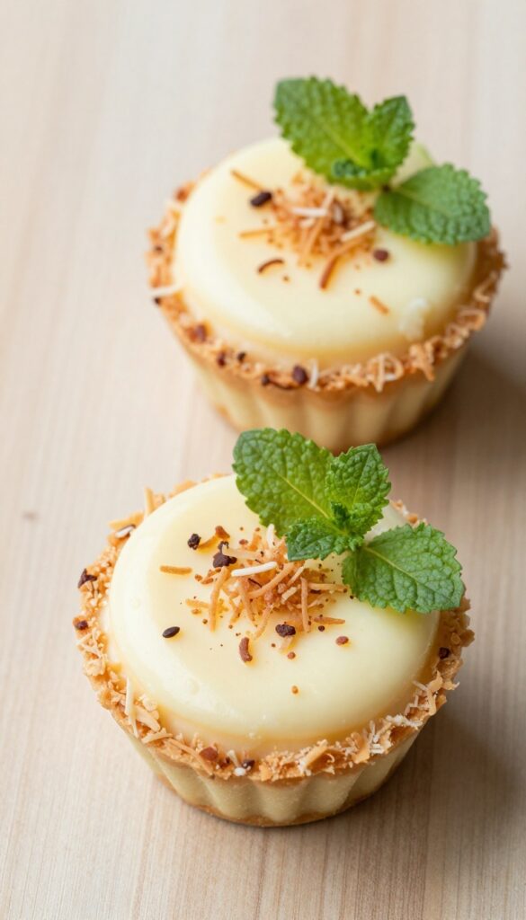 Coconut lime mini cheesecakes with toasted coconut topping and lime garnish on a wooden table.