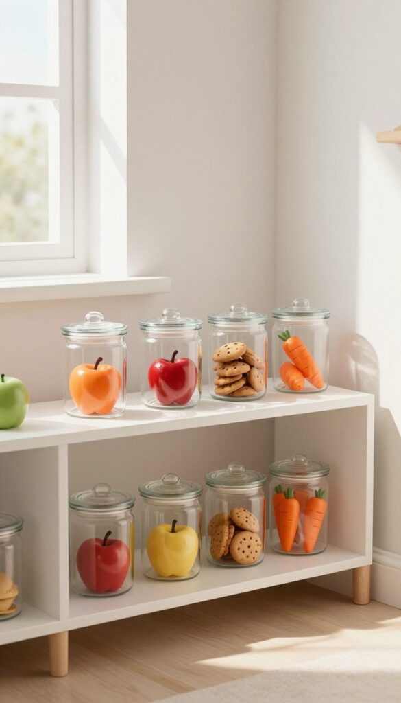 Clear glass canisters on open shelves in a play kitchen, filled with colorful plastic food toys, with natural light and tidy arrangement.