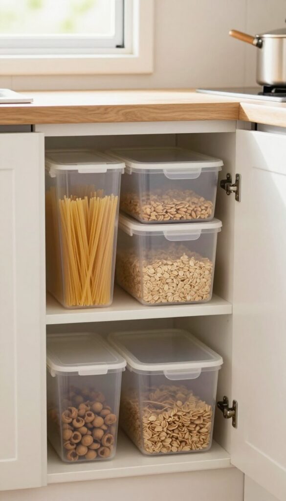 Stackable clear bins in a camper pantry organizing dry goods with visible contents.
