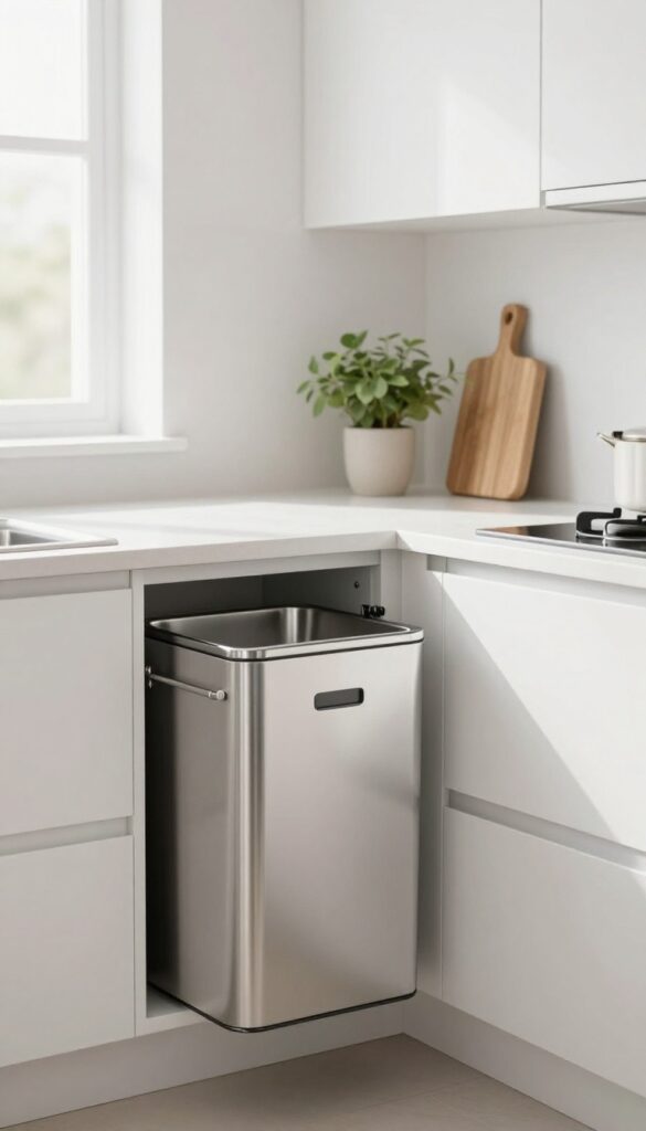Under-sink pull-out trash bin in a small kitchen with clean countertops and natural light