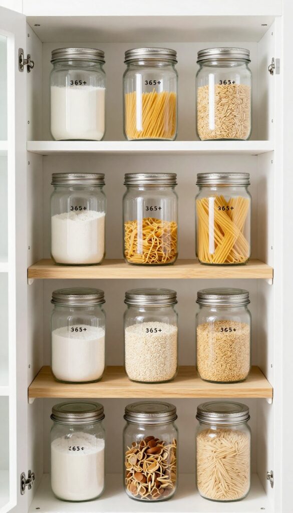 Stacked clear glass IKEA 365+ jars with airtight lids on open pantry shelves, containing flour, sugar, pasta, and rice, arranged neatly on a bamboo tiered stand.