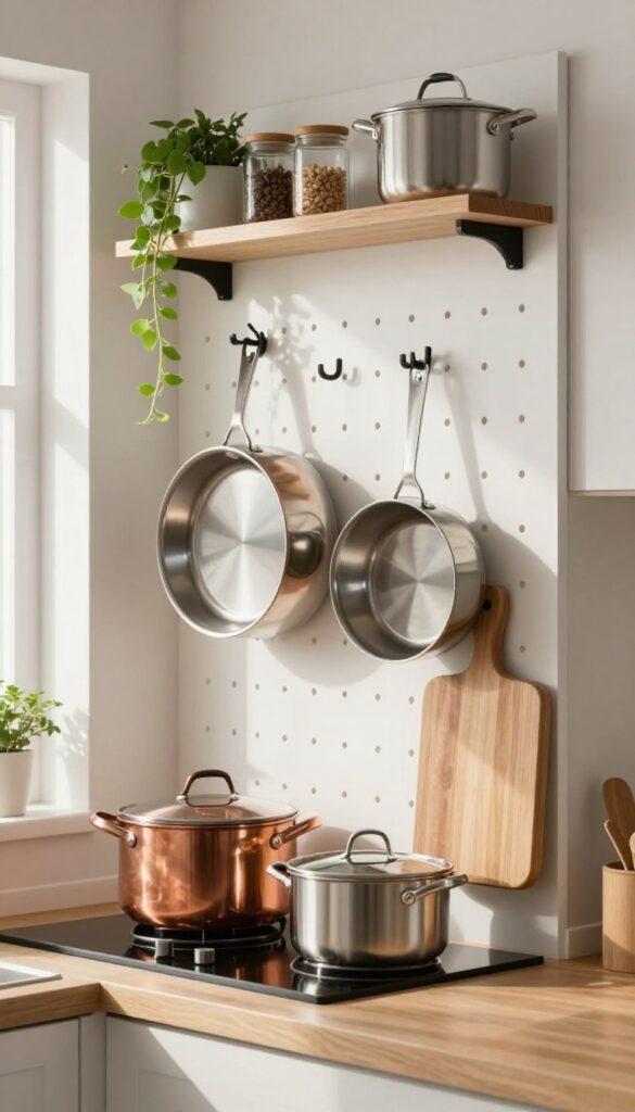 A pegboard on a kitchen wall displaying pots and pans with a wooden cutting board and a trailing plant on a shelf above.