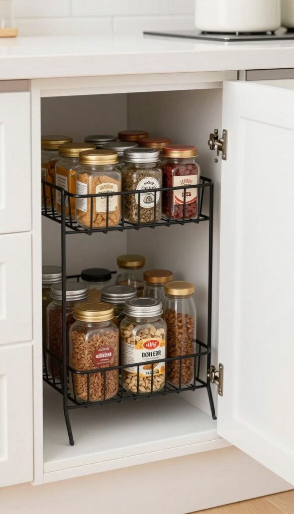 Over-the-door rack with wire baskets on a pantry door, holding spices, snacks, and jars.