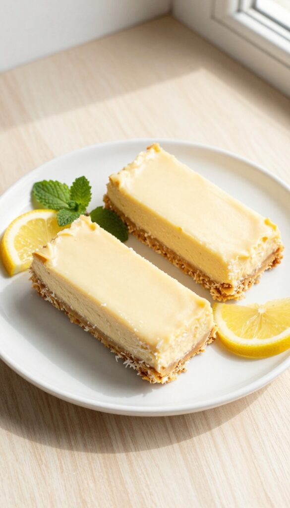 Two vegan keto lemon cheesecake bars on a white plate with lemon slices and mint leaves.