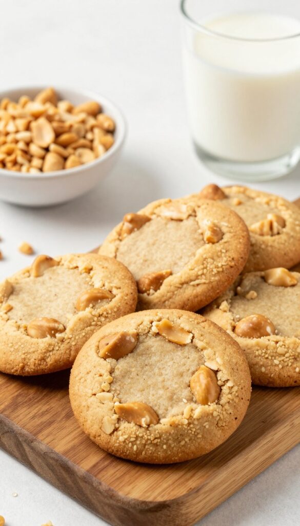 No-bake peanut butter protein cookies with chopped peanuts on a wooden board