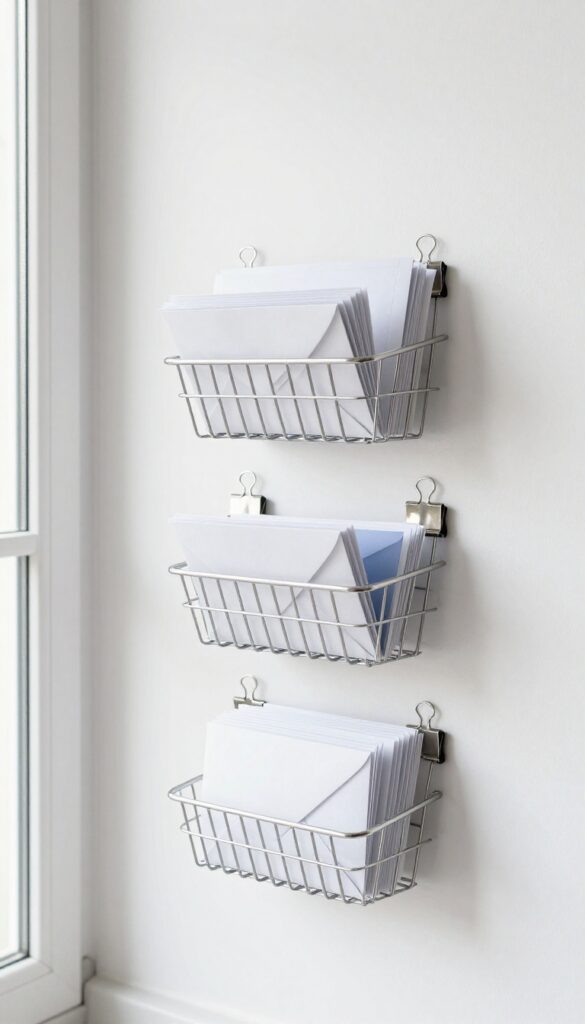 A wire basket mounted on a white kitchen wall with binder clips holding mail, creating a budget-friendly mail organization system.