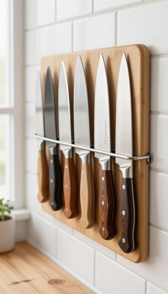 Magnetic knife strip with wood accents on a kitchen backsplash