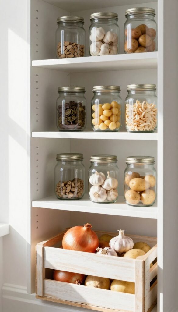 Small open crate on bottom pantry shelf filled with onions, garlic, and potatoes, with rustic wooden texture and bright natural light.
