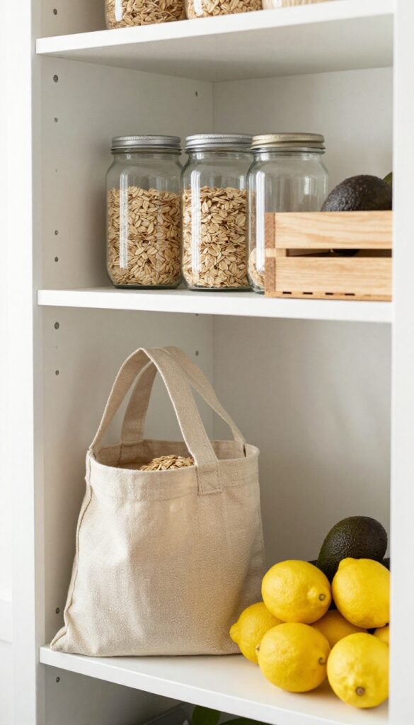 A canvas tote filled with reusable produce bags and fresh avocados and lemons on a pantry shelf, with glass jars and a wooden crate nearby.