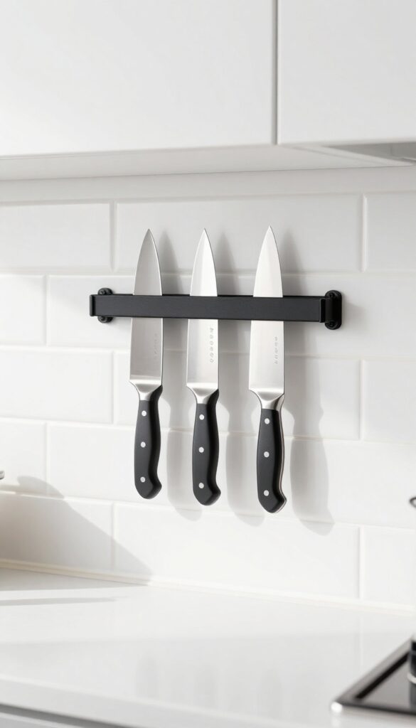A magnetic knife strip mounted on a white tile backsplash, holding three knives, with a clear countertop below.