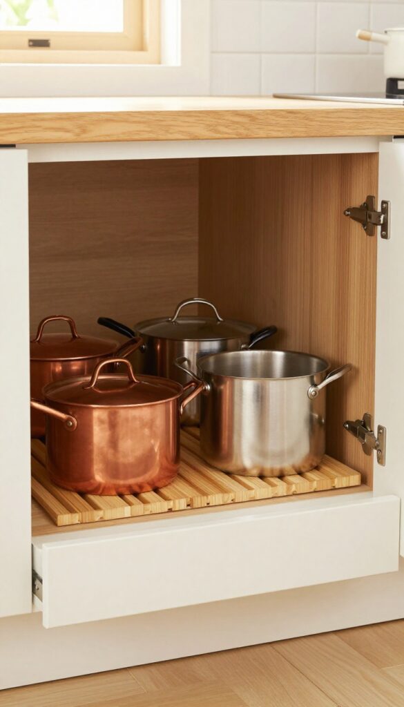Pull-out drawer with deep wooden dividers organizing pots and pans upright in a small kitchen