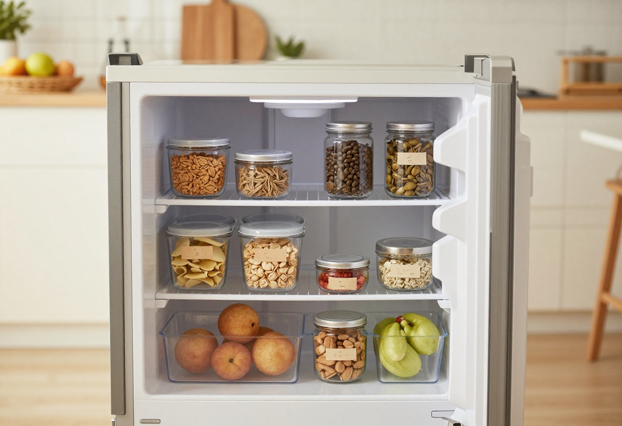 Small organized fridge with clear bins and lazy Susan in a cozy kitchen