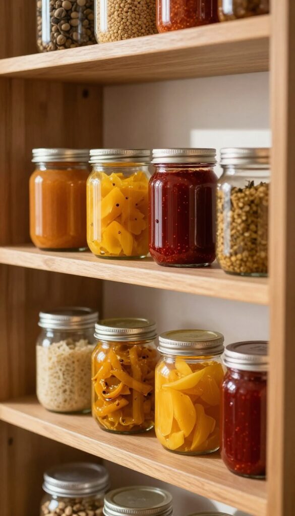 A wooden lazy Susan on a pantry shelf filled with jars of Indian pickles and condiments, bathed in natural light.