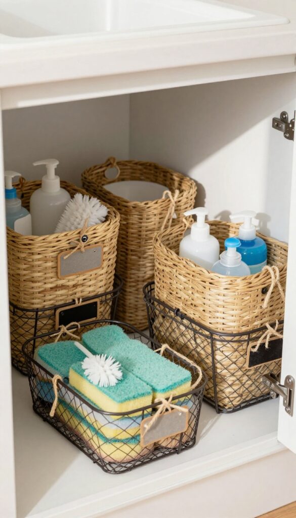 Under sink cabinet with small woven baskets and wire baskets, each containing cleaning supplies, with chalk labels tied on, natural lighting.