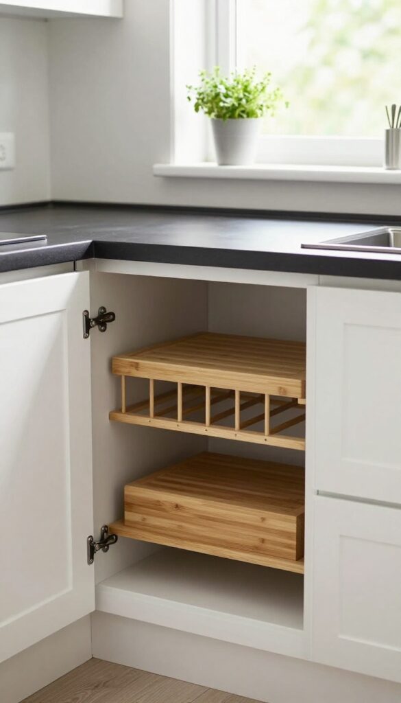 Inside cabinet door with a slim rack holding cutting boards and baking sheets vertically, organized kitchen with natural light.