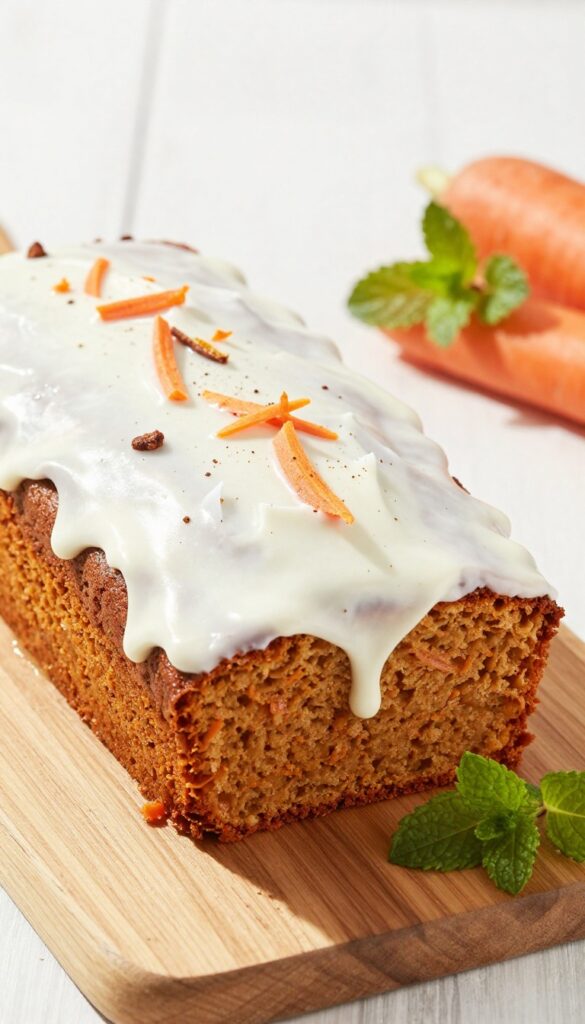 Vegan carrot cake loaf slice with coconut cream glaze on wooden board