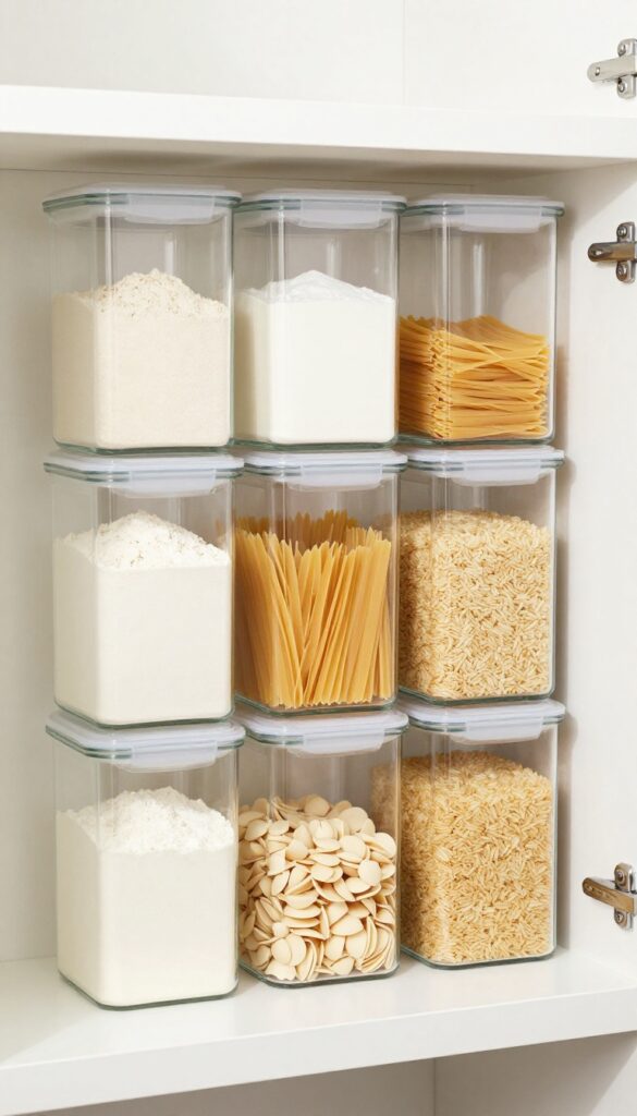 Clear modular canisters neatly arranged on a pantry shelf, creating a calm and organized look.