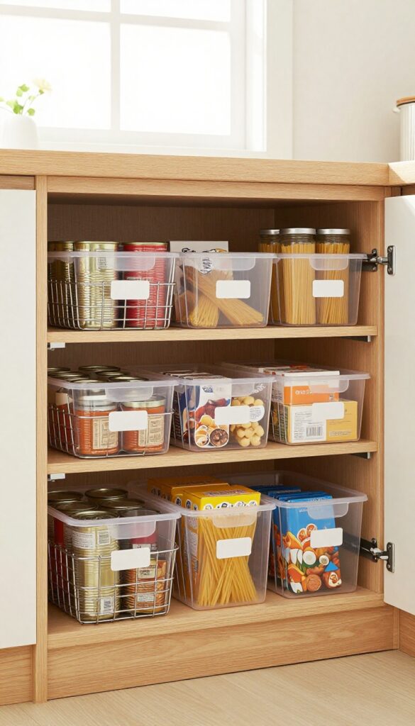 Pull-out pantry shelves with clear bins and wire baskets, organized and illuminated by natural light.
