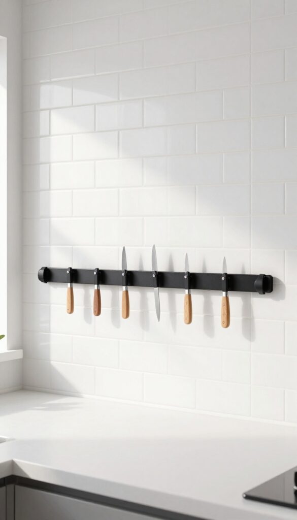 Magnetic knife strip on white subway tile backsplash in modern kitchen with natural light
