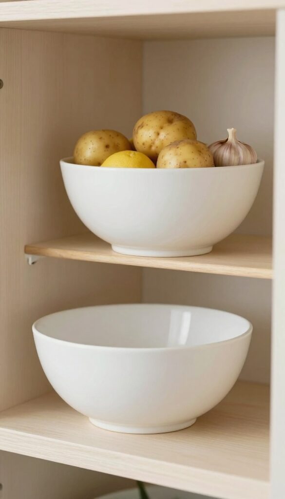 Nesting bowl set on pantry shelf with potatoes, garlic, lemons, and avocado