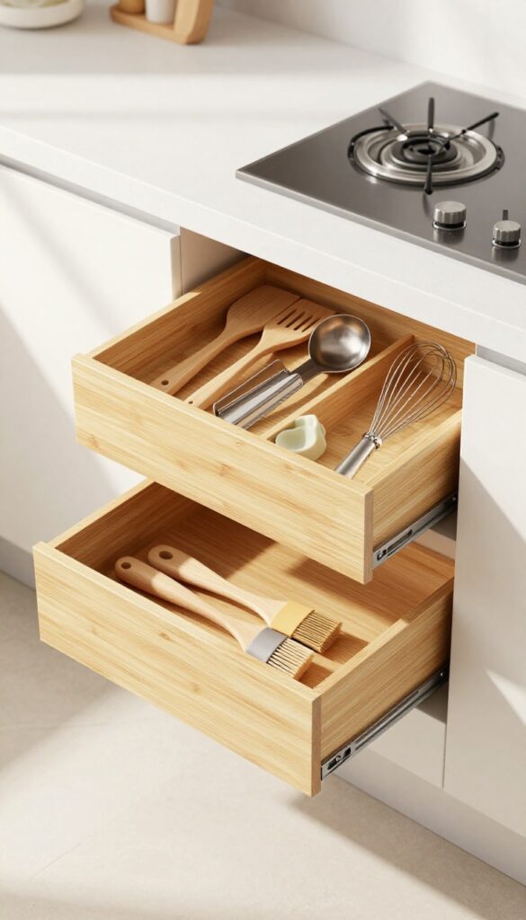Deep kitchen drawer with two-tier bamboo organizer, top layer holding spatula, tongs, ladle, whisk, bottom layer with extra tools, bright natural light, clean modern kitchen.