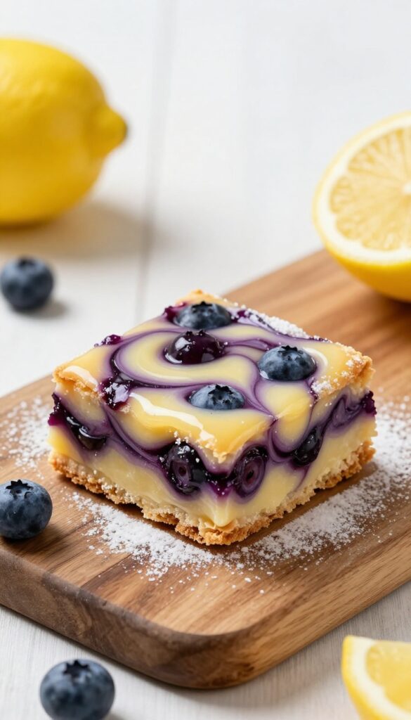 Lemon blueberry swirl bar with marbled filling on wooden board