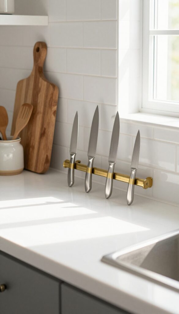 Magnetic knife strip on kitchen backsplash with knives, cutting board, and utensil jar