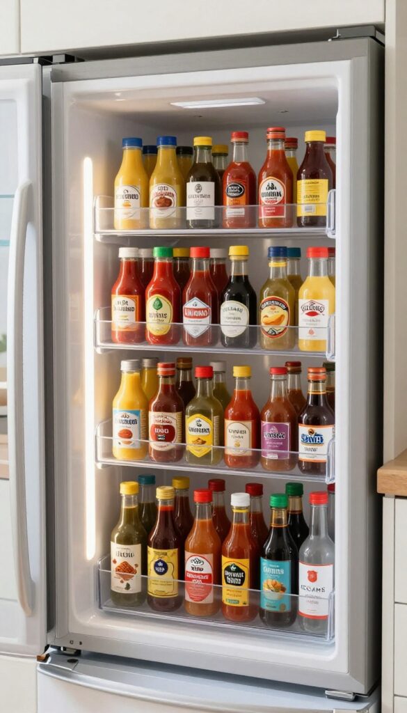 Clear acrylic bins on fridge door organizing condiment bottles