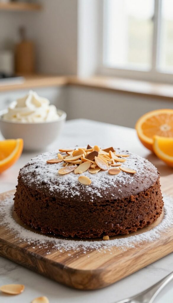 Slice of flourless chocolate cake with toasted almonds and orange zest