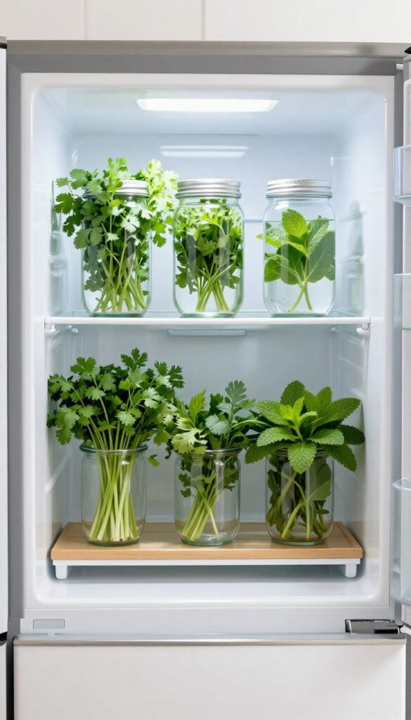 Fresh herbs stored upright in clear glass jars with water inside a refrigerator, with bright natural light and clean composition.