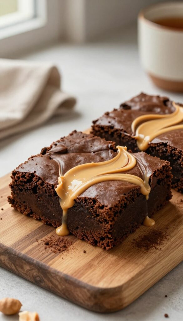 Classic fudgy peanut butter swirl brownies on a wooden board, top-down view, with marbled peanut butter swirls and a cozy kitchen background.
