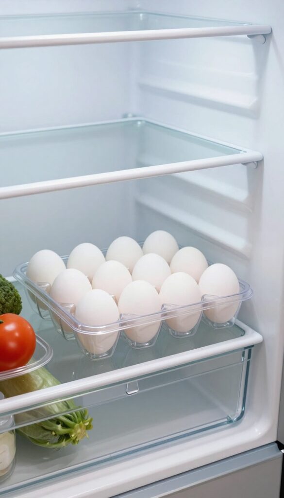 A clear egg tray with lid filled with white eggs on a refrigerator shelf, surrounded by fresh produce and a glass bottle.