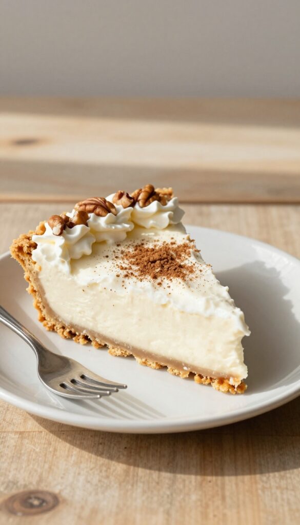 Spiced coconut cream pie slice with pecan crust and whipped cream on a wooden table