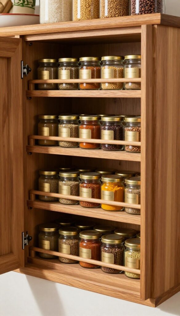 Inside of a pantry door with a wooden spice rack holding labeled glass jars of spices, natural light, warm tones.