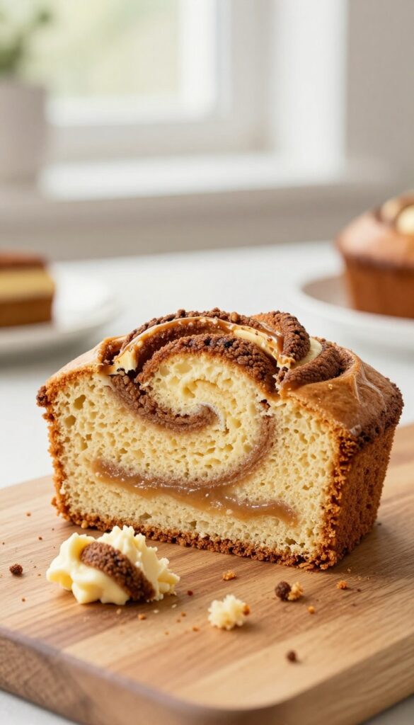 Gluten-free sour cream coffee cake with cinnamon swirl on a wooden board