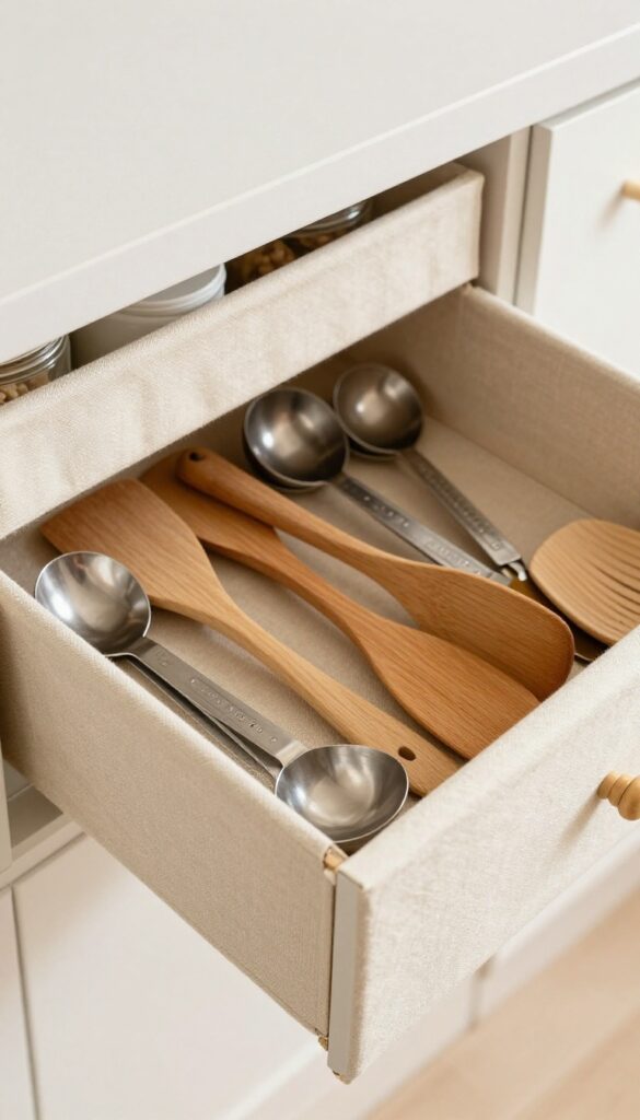 DIY cardboard drawer dividers wrapped in cream linen fabric organizing kitchen utensils in a drawer