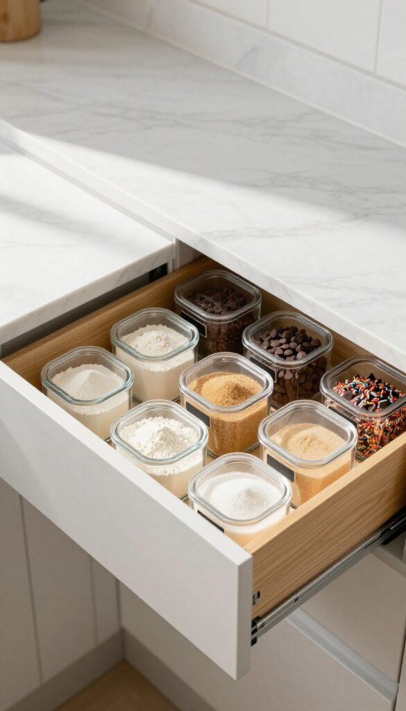 Open drawer with divided wooden insert and clear labeled containers for baking ingredients like flour, sugar, and chocolate chips.