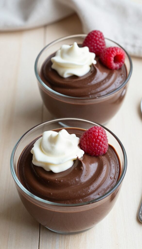 Two bowls of dark chocolate avocado mousse topped with whipped cream and raspberries on a wooden table.