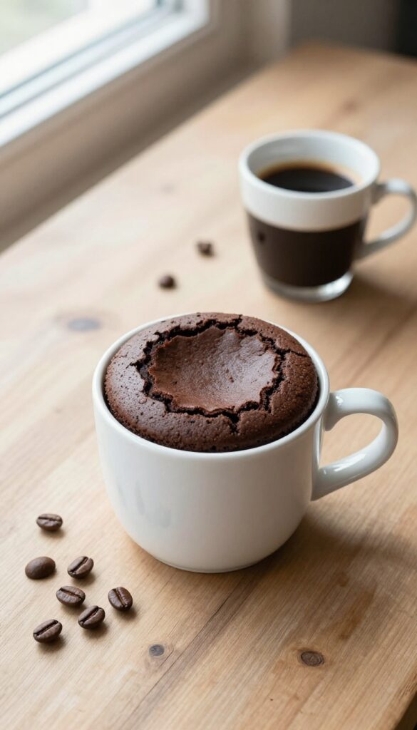 Mocha keto mug cake with espresso on a wooden table
